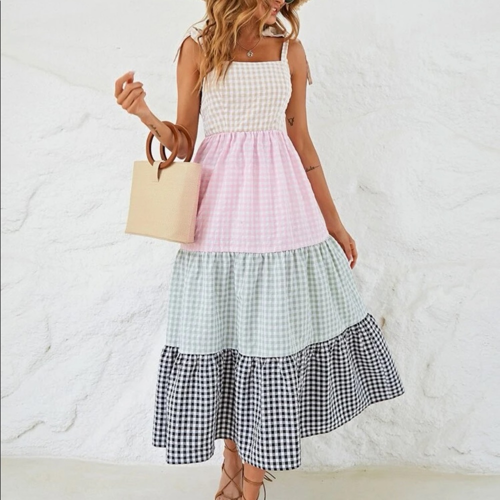 Color block gingham print dress - Picture 6 of 8